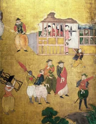 De Aankomst van de Portugezen in Japan, detail van de Portugezen van een Namban Byobu scherm